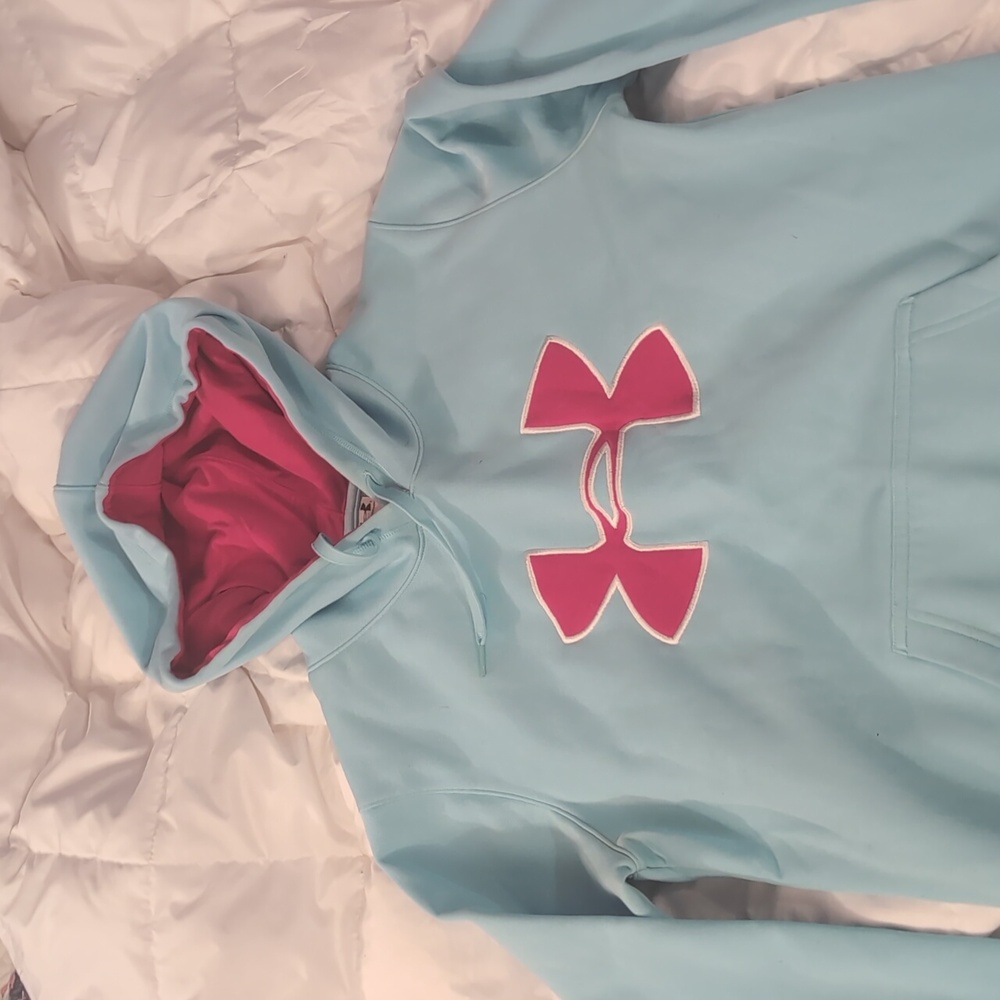 Under Armour Women’s Light Blue Hoodie with Hot Pink Logo Small